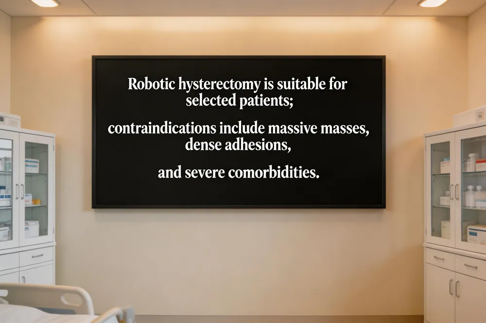 Robotic hysterectomy is suitable for selected patients; contraindications include massive masses, dense adhesions, and severe comorbidities.