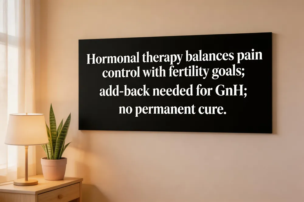 Hormonal therapy balances pain control with fertility goals; add‑back needed for GnRH; no permanent cure.