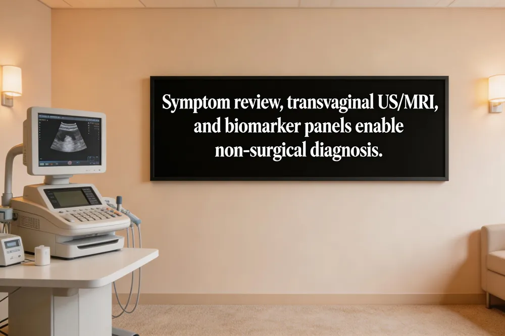 Symptom review, transvaginal US/MRI, and biomarker panels enable non‑surgical diagnosis.