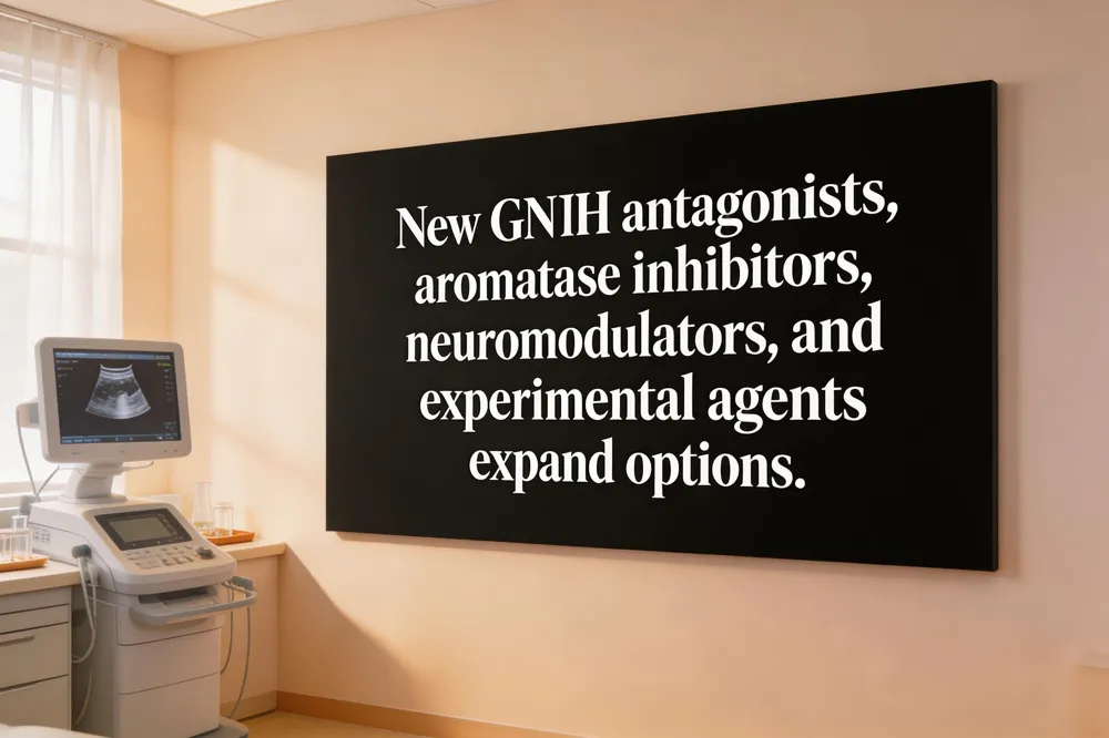 New GnRH antagonists, aromatase inhibitors, neuromodulators, and experimental agents expand options.
