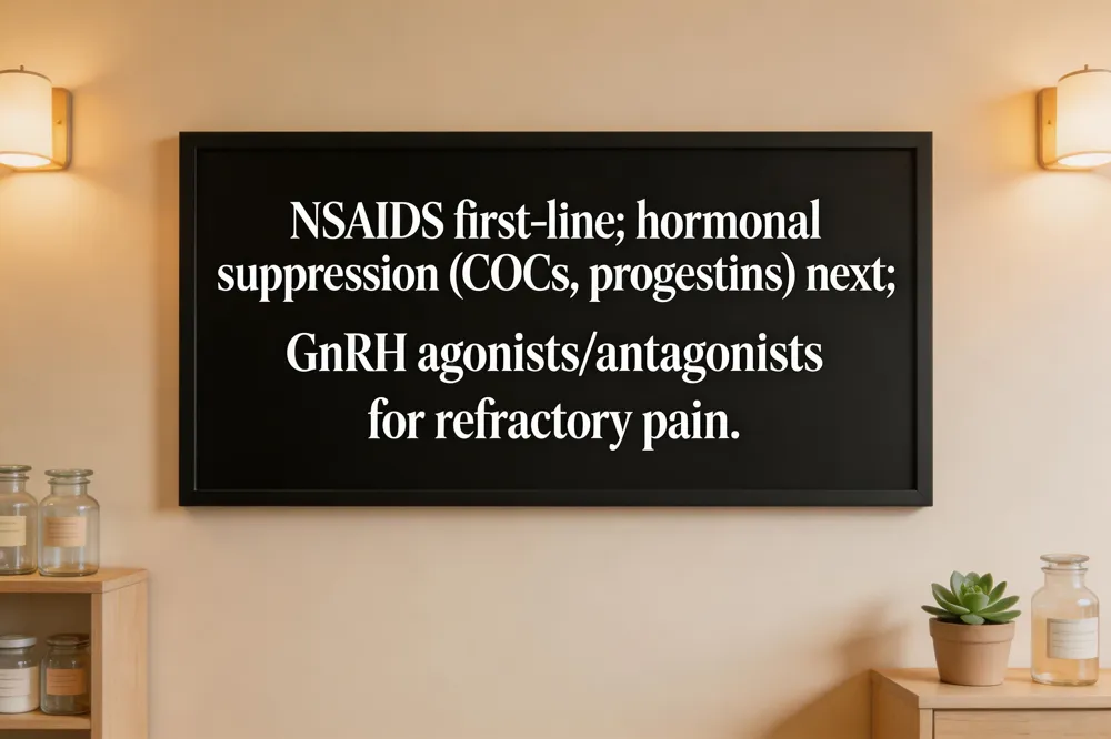 NSAIDs first‑line; hormonal suppression (COCs, progestins) next; GnRH agonists/antagonists for refractory pain.