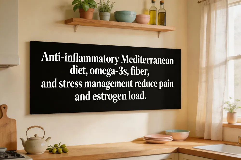 Anti‑inflammatory Mediterranean diet, omega‑3s, fiber, and stress management reduce pain and estrogen load.