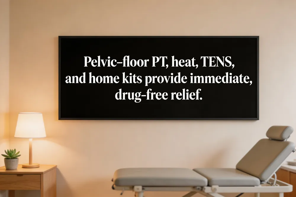 Pelvic‑floor PT, heat, TENS, and home kits provide immediate, drug‑free relief.