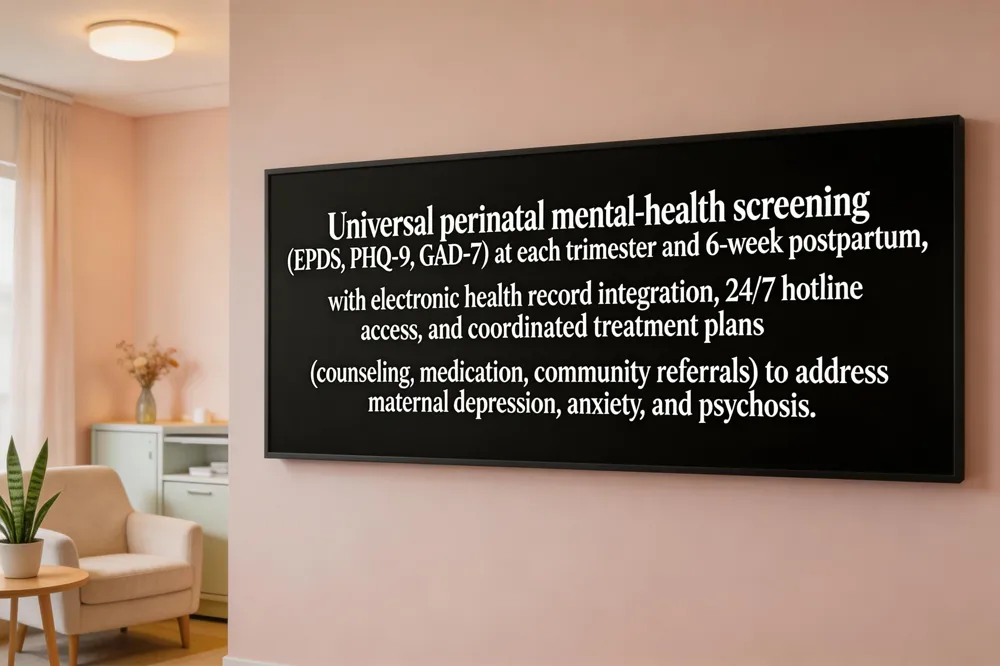 Universal perinatal mental‑health screening (EPDS, PHQ‑9, GAD‑7) at each trimester and 6‑week postpartum, with electronic health record integration, 24/7 hotline access, and coordinated treatment plans (counseling, medication, community referrals) to address maternal depression, anxiety, and psychosis.