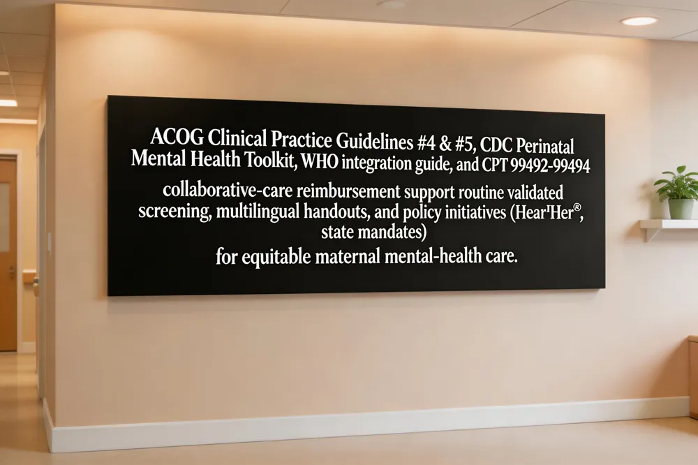 ACOG Clinical Practice Guidelines #4 & #5, CDC Perinatal Mental Health Toolkit, WHO integration guide, and CPT 99492‑99494 collaborative‑care reimbursement support routine validated screening, multilingual handouts, and policy initiatives (Hear Her®, state mandates) for equitable maternal mental‑health care.