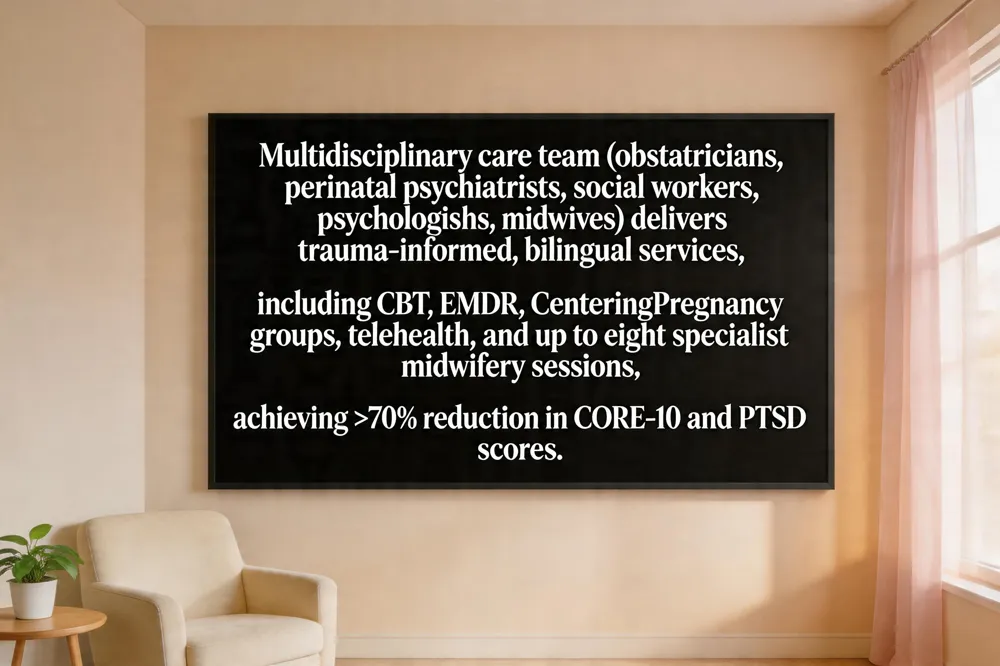 Multidisciplinary care team (obstetricians, perinatal psychiatrists, social workers, psychologists, midwives) delivers trauma‑informed, bilingual services, including CBT, EMDR, CenteringPregnancy groups, telehealth, and up to eight specialist midwifery sessions, achieving >70% reduction in CORE‑10 and PTSD scores.