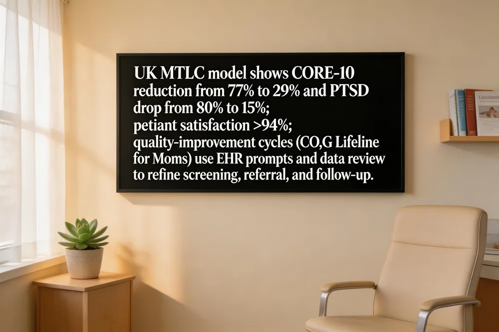 UK MTLC model shows CORE‑10 reduction from 77% to 29% and PTSD drop from 80% to 15%; patient satisfaction >94%; quality‑improvement cycles (CO,G Lifeline for Moms) use EHR prompts and data review to refine screening, referral, and follow‑up.