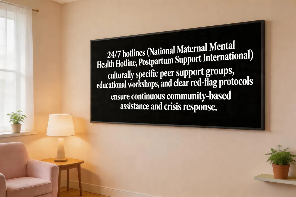 24/7 hotlines (National Maternal Mental Health Hotline, Postpartum Support International), culturally specific peer support groups, educational workshops, and clear red‑flag protocols ensure continuous community‑based assistance and crisis response.