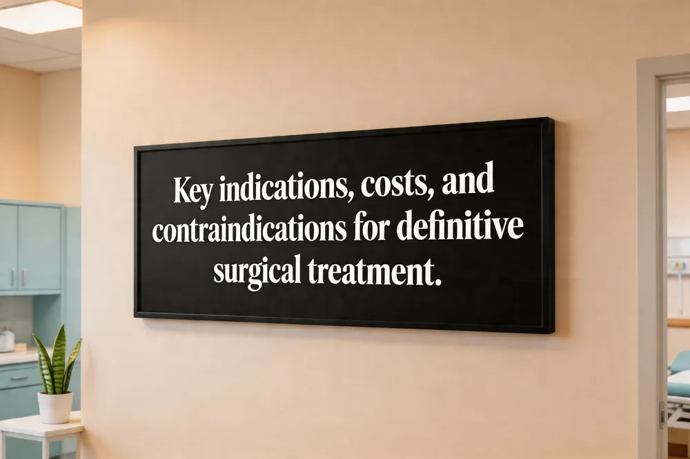 Key indications, costs, and contraindications for definitive surgical treatment.