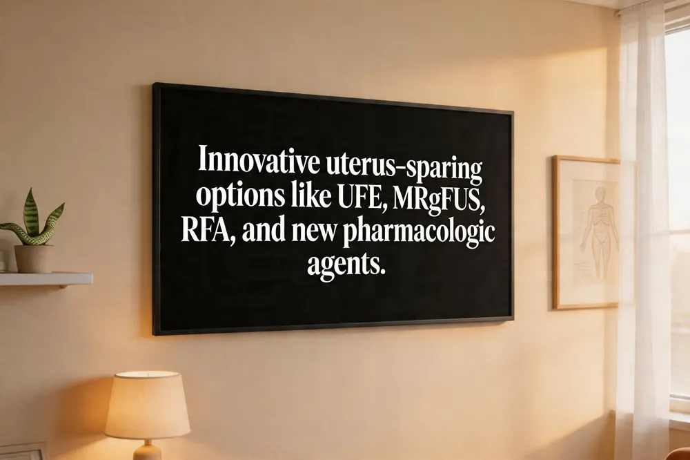 Innovative uterus‑sparing options like UFE, MRgFUS, RFA, and new pharmacologic agents.