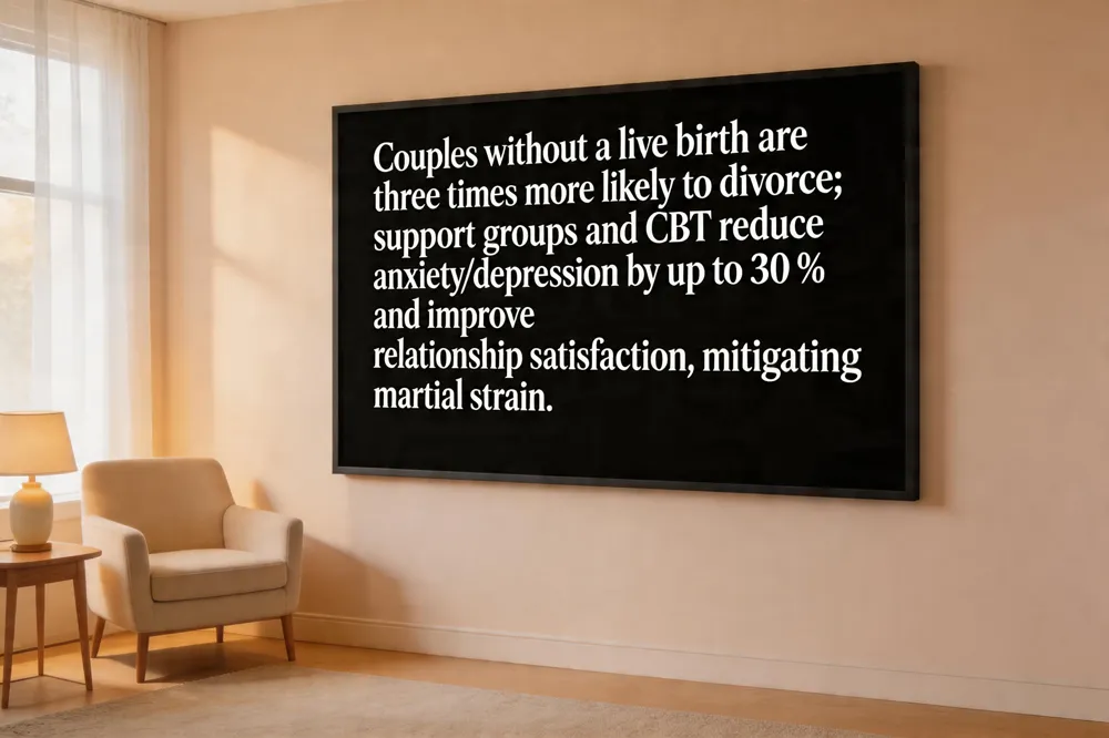 Couples without a live birth are three times more likely to divorce; support groups and CBT reduce anxiety/depression by up to 30 % and improve relationship satisfaction, mitigating marital strain.