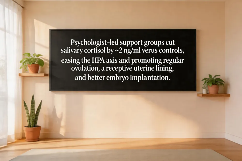 Psychologist‑led support groups cut salivary cortisol by ~2 ng/ml versus controls, easing the HPA axis and promoting regular ovulation, a receptive uterine lining, and better embryo implantation.