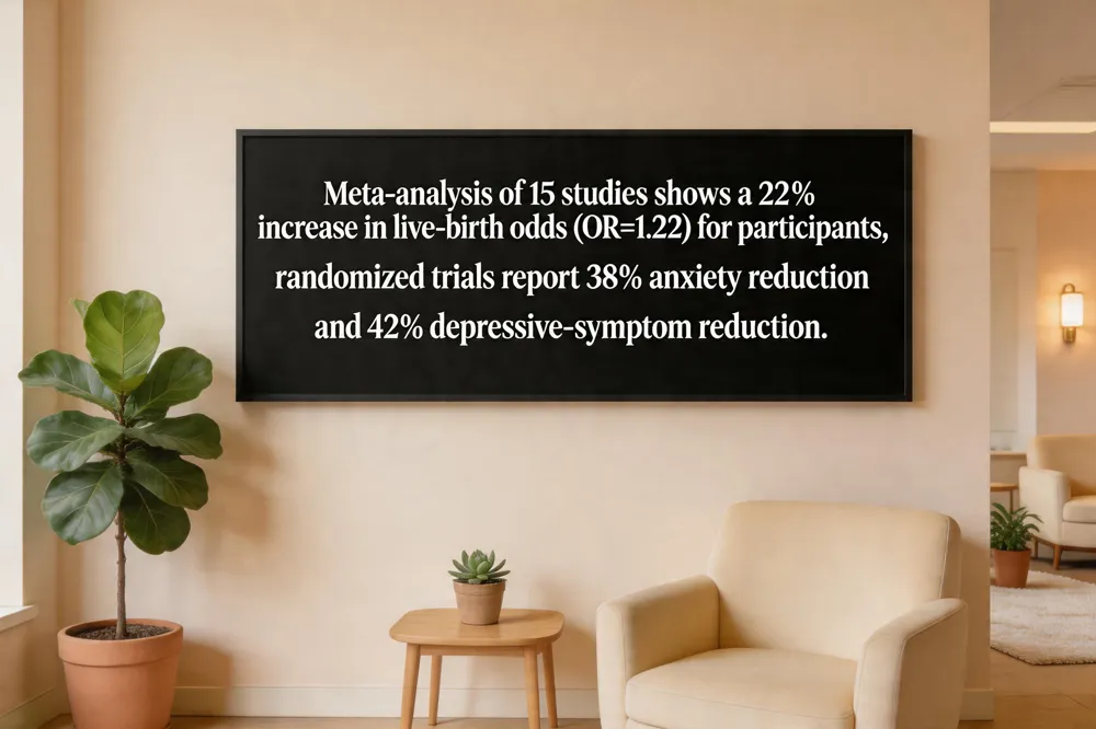 Meta‑analysis of 15 studies shows a 22 % increase in live‑birth odds (OR = 1.22) for participants; randomized trials report 38 % anxiety reduction and 42 % depressive‑symptom reduction.