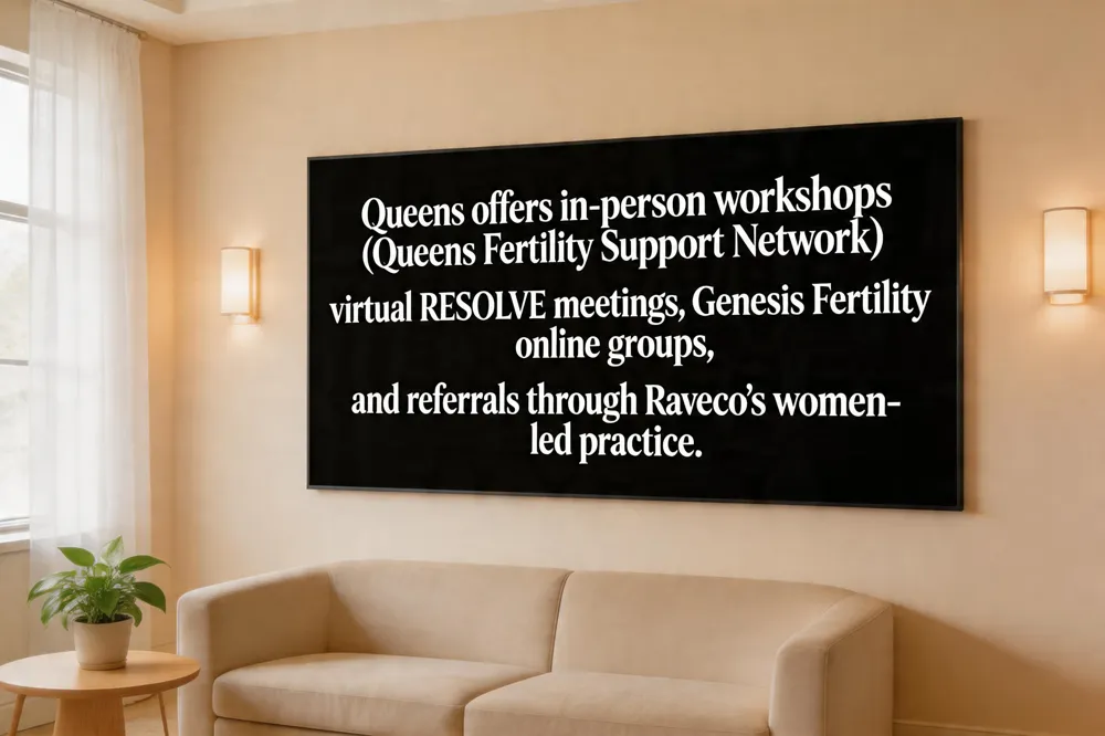 Queens offers in‑person workshops (Queens Fertility Support Network), virtual RESOLVE meetings, Genesis Fertility online groups, and referrals through Raveco’s women‑led practice.