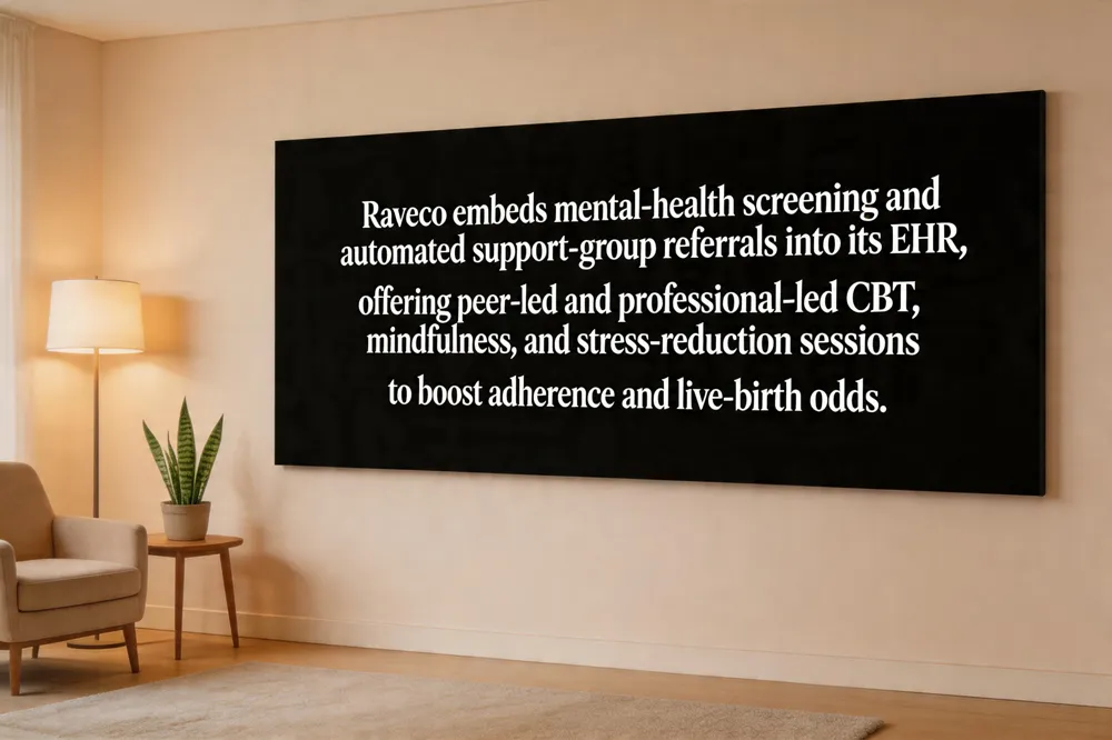 Raveco embeds mental‑health screening and automated support‑group referrals into its EHR, offering peer‑led and professional‑led CBT, mindfulness, and stress‑reduction sessions to boost adherence and live‑birth odds.