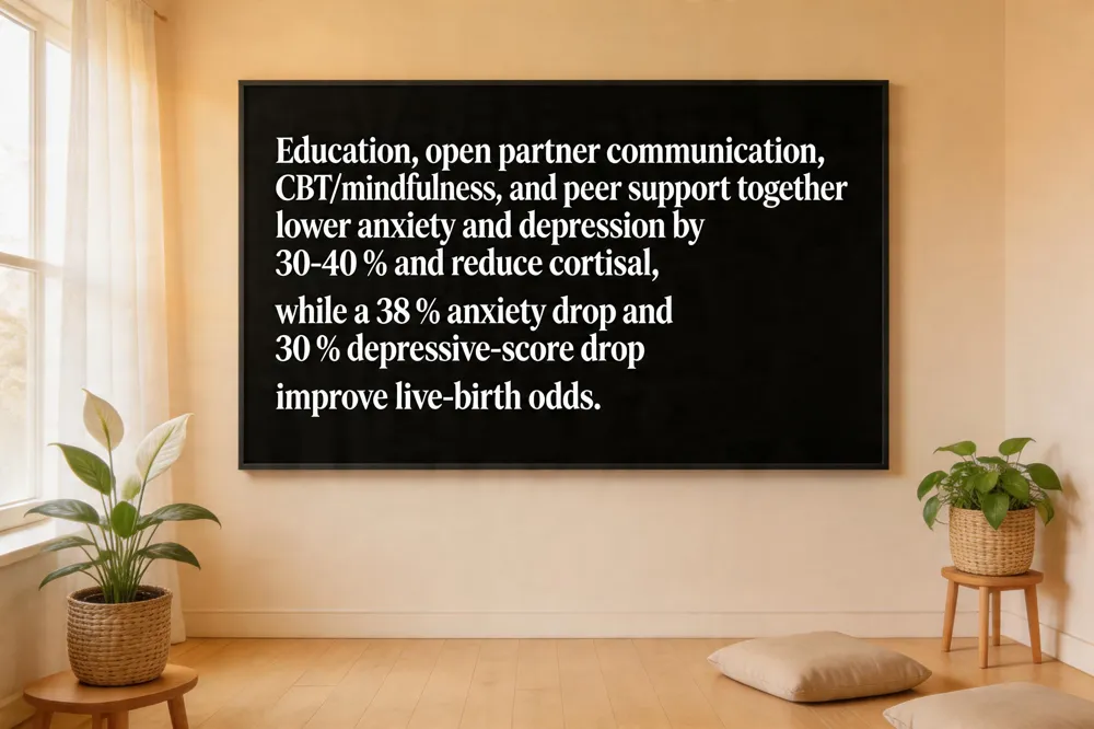 Education, open partner communication, CBT/mindfulness, and peer support together lower anxiety and depression by 30‑40 % and reduce cortisol, while a 38 % anxiety drop and 30 % depressive‑score drop improve live‑birth odds.