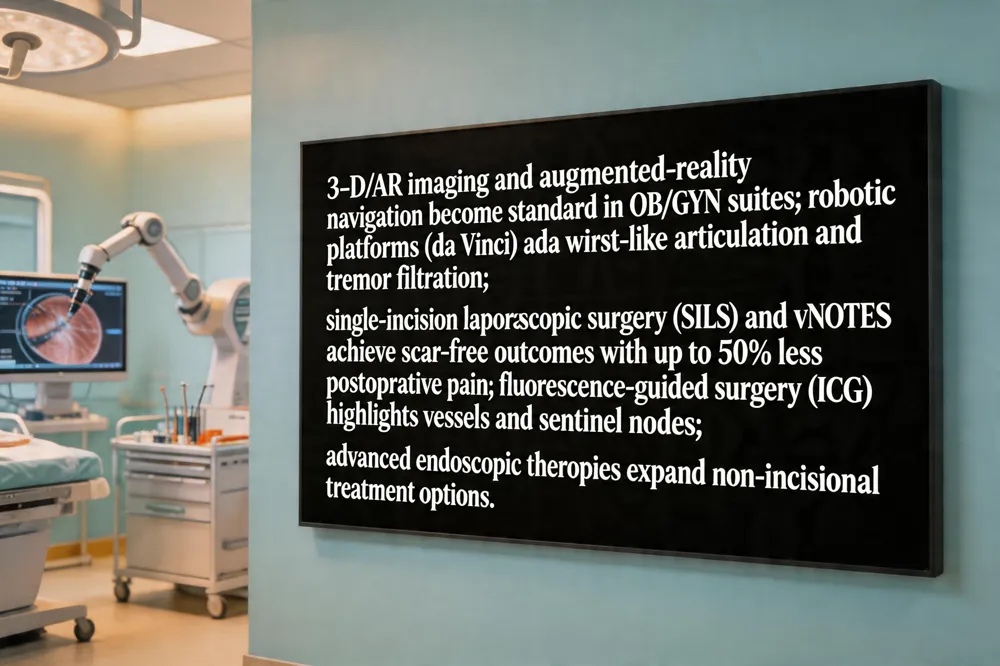 3‑D/AR imaging and augmented‑reality navigation become standard in OB/GYN suites; robotic platforms (da Vinci) add wrist‑like articulation and tremor filtration; single‑incision laparoscopic surgery (SILS) and vNOTES achieve scar‑free outcomes with up to 50 % less postoperative pain; fluorescence‑guided surgery (ICG) highlights vessels and sentinel nodes; advanced endoscopic therapies expand non‑incisional treatment options.