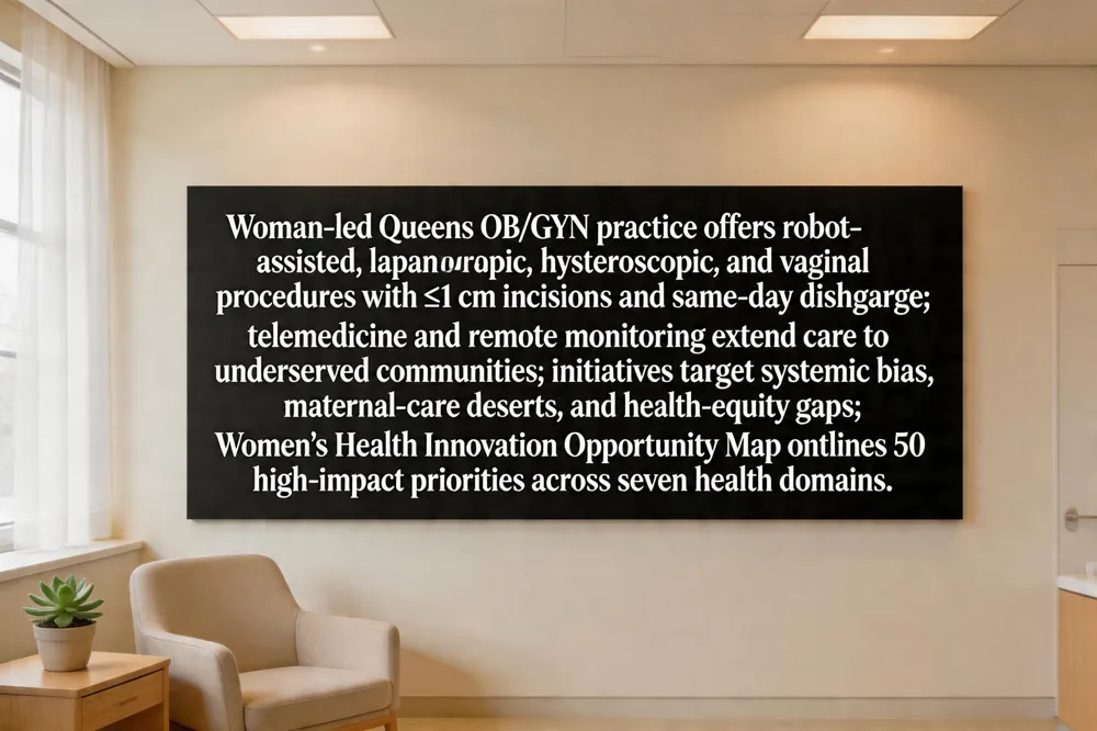 Woman‑led Queens OB/GYN practice offers robot‑assisted, laparoscopic, hysteroscopic, and vaginal procedures with ≤1 cm incisions and same‑day discharge; telemedicine and remote monitoring extend care to underserved communities; initiatives target systemic bias, maternal‑care deserts, and health‑equity gaps; Women’s Health Innovation Opportunity Map outlines 50 high‑impact priorities across seven health domains.