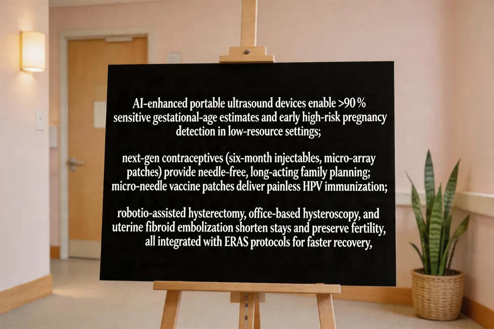 AI‑enhanced portable ultrasound devices enable >90 % sensitive gestational‑age estimates and early high‑risk pregnancy detection in low‑resource settings; next‑gen contraceptives (six‑month injectables, micro‑array patches) provide needle‑free, long‑acting family planning; micro‑needle vaccine patches deliver painless HPV immunization; robotic‑assisted hysterectomy, office‑based hysteroscopy, and uterine fibroid embolization shorten stays and preserve fertility, all integrated with ERAS protocols for faster recovery.