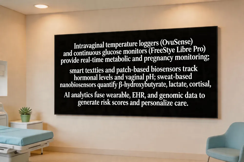 Intravaginal temperature loggers (OvuSense) and continuous glucose monitors (FreeStyle Libre Pro) provide real‑time metabolic and pregnancy monitoring; smart textiles and patch‑based biosensors track hormonal levels and vaginal pH; sweat‑based nanobiosensors quantify β‑hydroxybutyrate, lactate, cortisol; AI analytics fuse wearable, EHR, and genomic data to generate risk scores and personalize care.