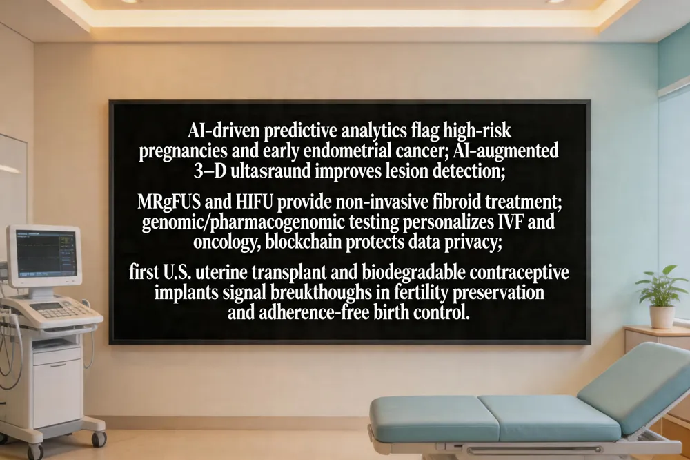 AI‑driven predictive analytics flag high‑risk pregnancies and early endometrial cancer; AI‑augmented 3‑D ultrasound improves lesion detection; MRgFUS and HIFU provide non‑invasive fibroid treatment; genomic/pharmacogenomic testing personalizes IVF and oncology; blockchain protects data privacy; first U.S. uterine transplant and biodegradable contraceptive implants signal breakthroughs in fertility preservation and adherence‑free birth control.