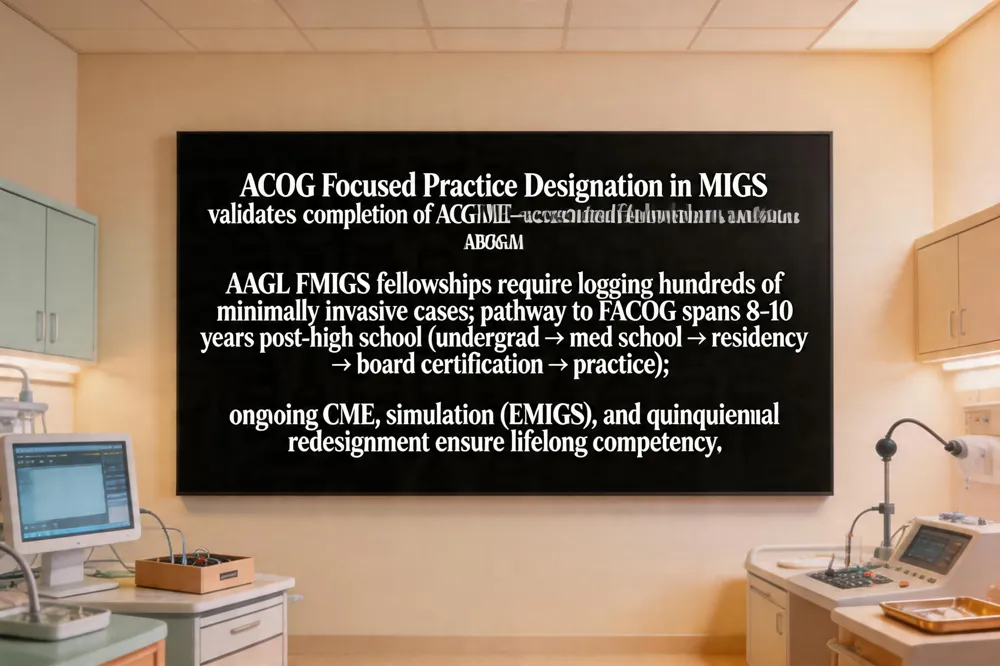 ACOG Focused Practice Designation in MIGS validates completion of ACGME‑accredited fellowship and ABOG exam; AAGL FMIGS fellowships require logging hundreds of minimally invasive cases; pathway to FACOG spans 8‑10 years post‑high school (undergrad → med school → residency → board certification → practice); ongoing CME, simulation (EMIGS), and quinquennial redesignment ensure lifelong competency.