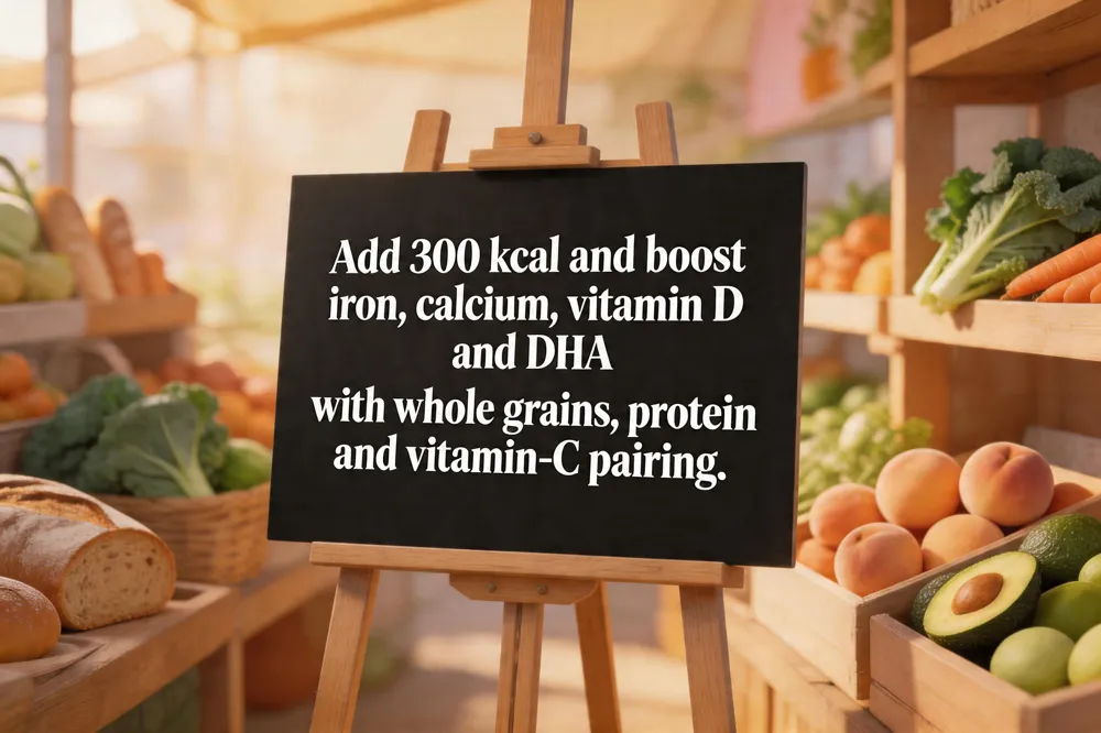 Add 300 kcal and boost iron, calcium, vitamin D and DHA with whole grains, protein and vitamin‑C pairing.