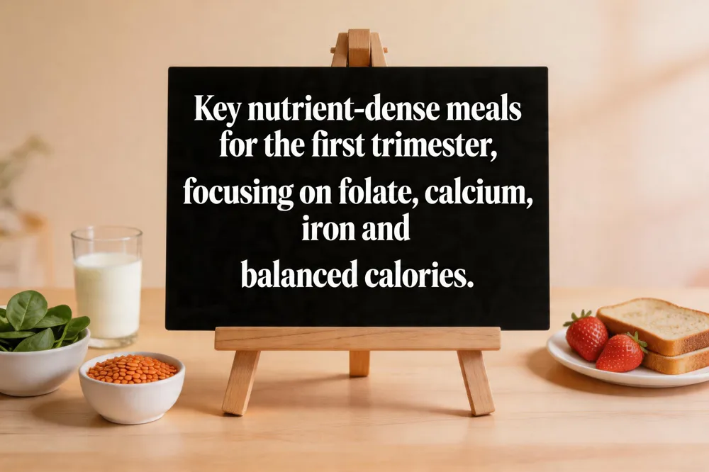 Key nutrient‑dense meals for the first trimester, focusing on folate, calcium, iron and balanced calories.