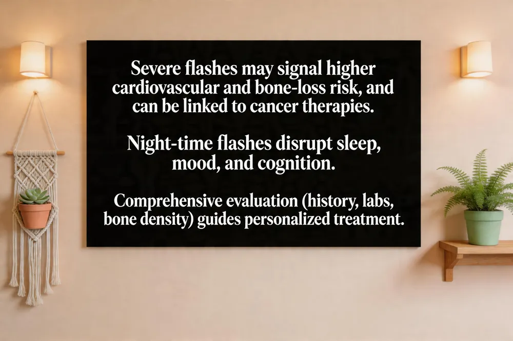 Severe flashes may signal higher cardiovascular and bone‑loss risk, and can be linked to cancer therapies. Night‑time flashes disrupt sleep, mood, and cognition. Comprehensive evaluation (history, labs, bone density) guides personalized treatment.