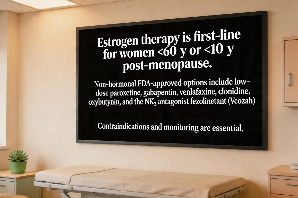 Estrogen therapy is first‑line for women <60 y or <10 y post‑menopause. Non‑hormonal FDA‑approved options include low‑dose paroxetine, gabapentin, venlafaxine, clonidine, oxybutynin, and the NK₃ antagonist fezolinetant (Veozah). Contraindications and monitoring are essential.