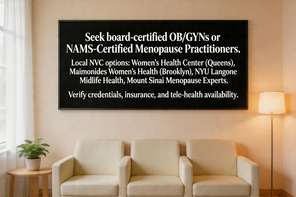 Seek board‑certified OB/GYNs or NAMS‑Certified Menopause Practitioners. Local NYC options: Women’s Health Center (Queens), Maimonides Women’s Health Institute (Brooklyn), NYU Langone Midlife Health, Mount Sinai Menopause Experts. Verify credentials, insurance, and tele‑health availability.