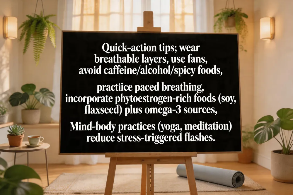 Quick‑action tips: wear breathable layers, use fans, avoid caffeine/alcohol/spicy foods, practice paced breathing, and incorporate phytoestrogen‑rich foods (soy, flaxseed) plus omega‑3 sources. Mind‑body practices (yoga, meditation) reduce stress‑triggered flashes.