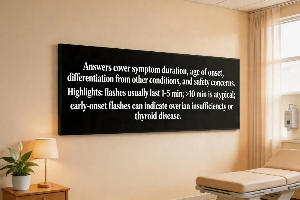 Answers cover symptom duration, age of onset, differentiation from other conditions, and safety concerns. Highlights: flashes usually last 1‑5 min; >10 min is atypical; early‑onset flashes can indicate ovarian insufficiency or thyroid disease.