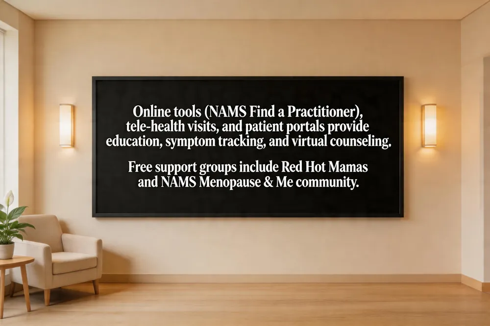 Online tools (NAMS Find a Practitioner), tele‑health visits, and patient portals provide education, symptom tracking, and virtual counseling. Free support groups include Red Hot Mamas and NAMS Menopause & Me community.