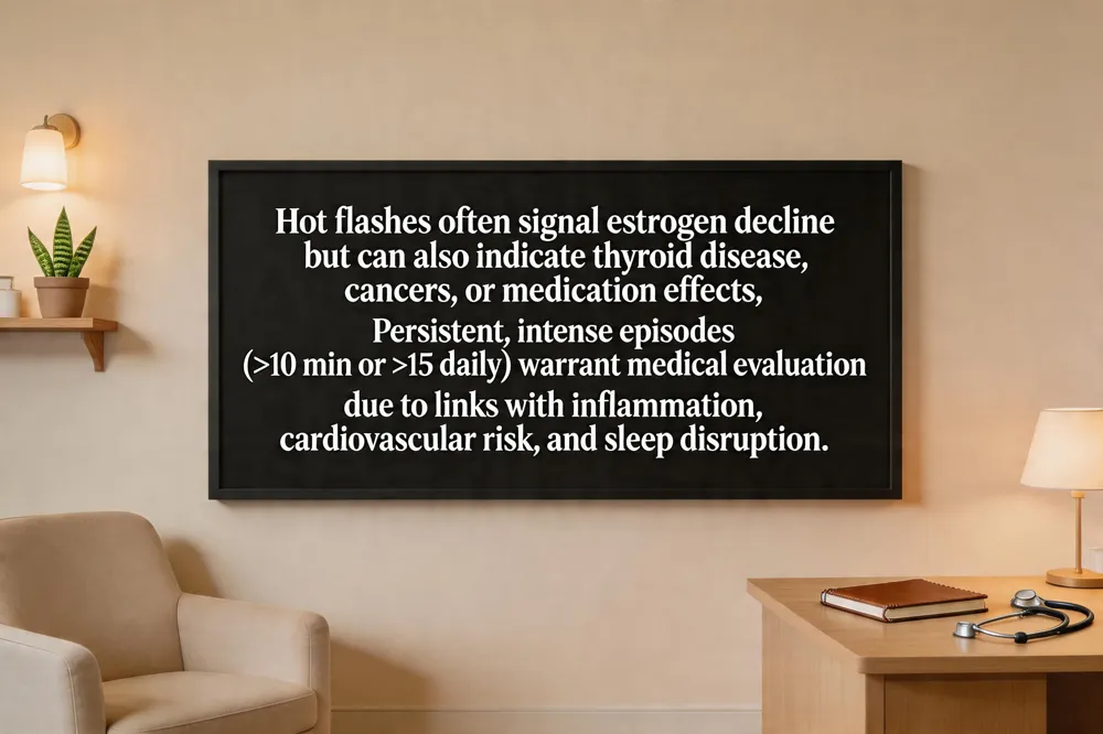 Hot flashes often signal estrogen decline but can also indicate thyroid disease, cancers, or medication effects. Persistent, intense episodes (>10 min or >15 daily) warrant medical evaluation due to links with inflammation, cardiovascular risk, and sleep disruption.