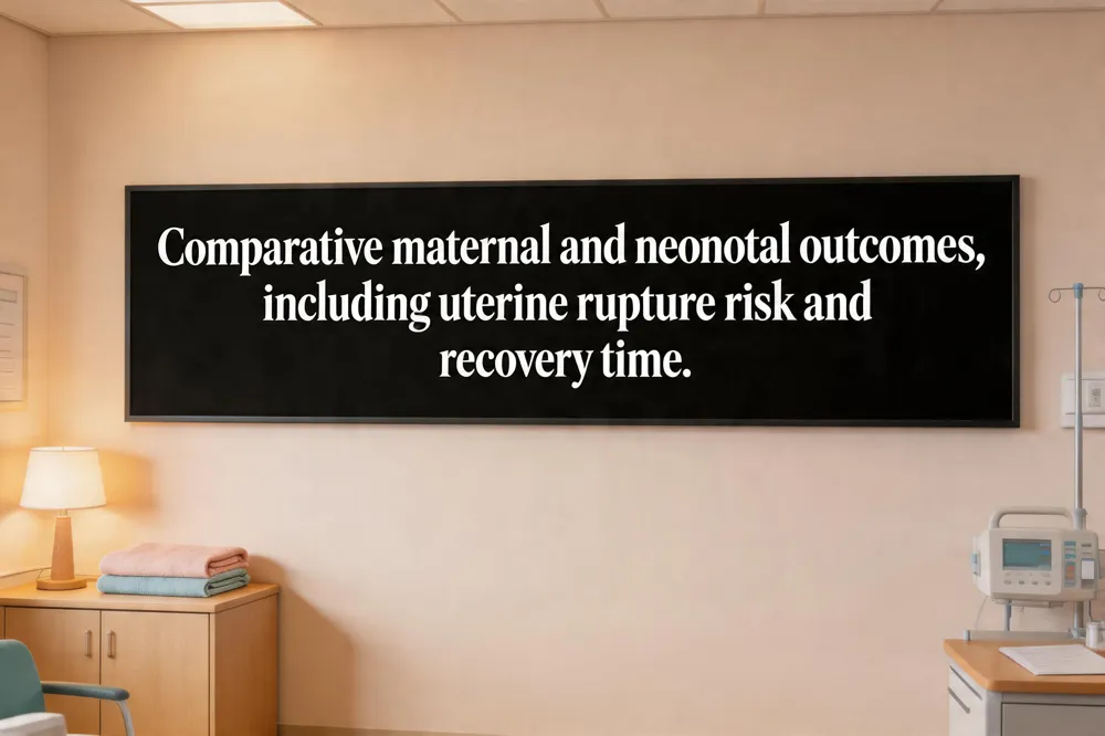 Comparative maternal and neonatal outcomes, including uterine rupture risk and recovery time.