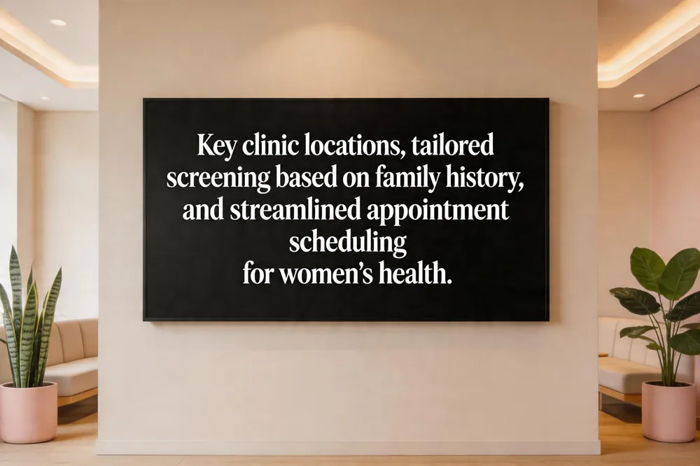 Key clinic locations, tailored screening based on family history, and streamlined appointment scheduling for women's health.