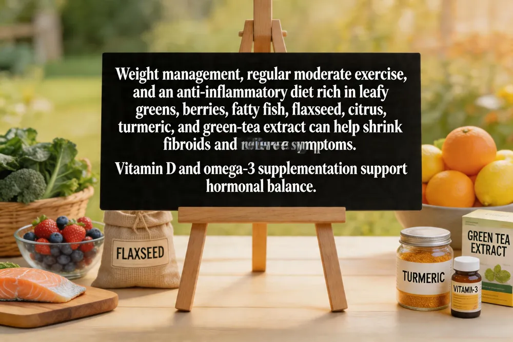 Weight management, regular moderate exercise, and an anti‑inflammatory diet rich in leafy greens, berries, fatty fish, flaxseed, citrus, turmeric, and green‑tea extract can help shrink fibroids and relieve symptoms. Vitamin D and omega‑3 supplementation support hormonal balance.