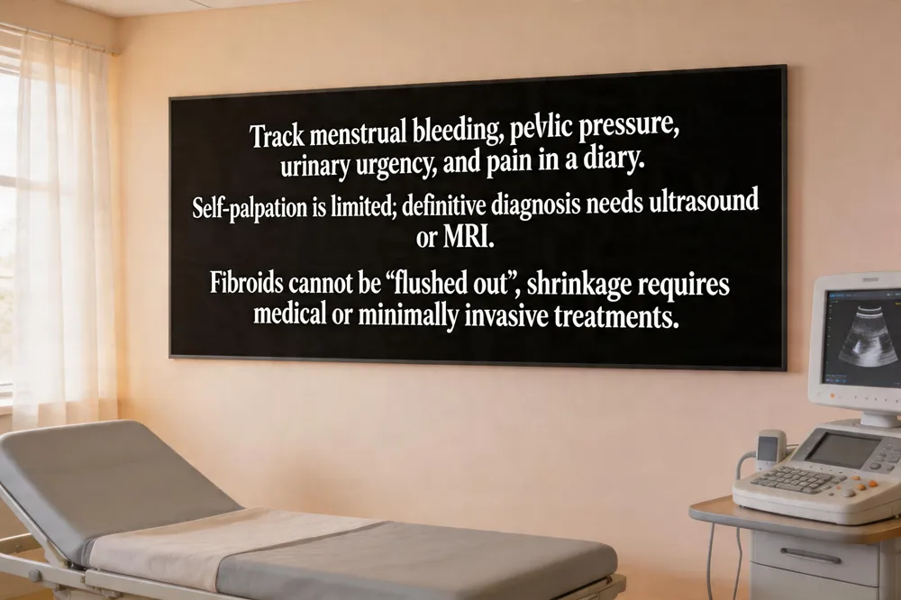 Track menstrual bleeding, pelvic pressure, urinary urgency, and pain in a diary. Self‑palpation is limited; definitive diagnosis needs ultrasound or MRI. Fibroids cannot be “flushed out”; shrinkage requires medical or minimally invasive treatments.