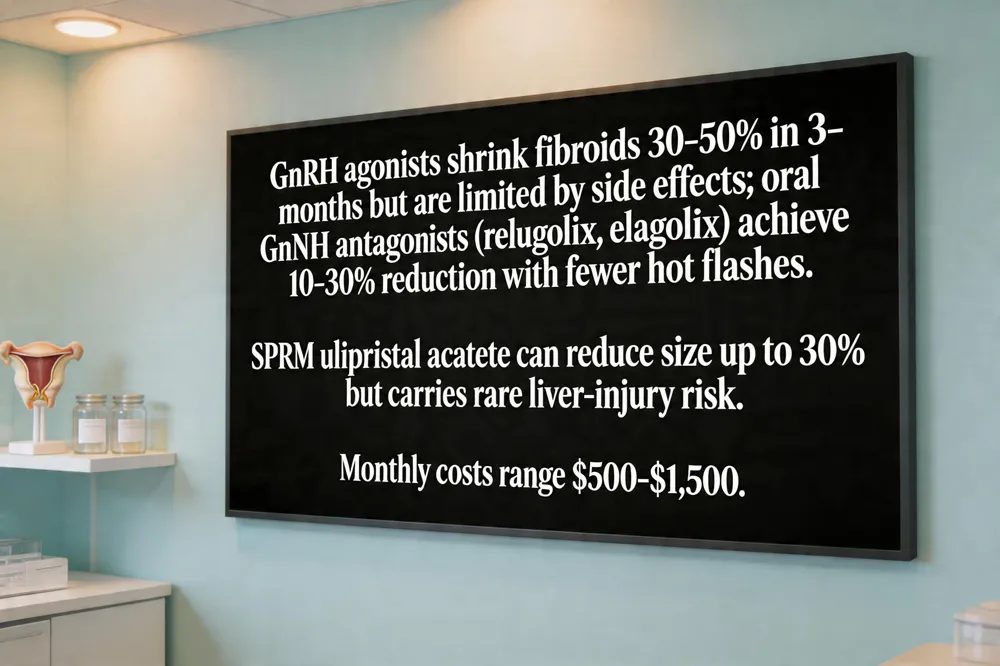 GnRH agonists shrink fibroids 30‑50 % in 3‑6 months but are limited by side effects; oral GnRH antagonists (relugolix, elagolix) achieve 10‑30 % reduction with fewer hot flashes. SPRM ulipristal acetate can reduce size up to 30 % but carries rare liver‑injury risk. Monthly costs range $500‑$1,500.