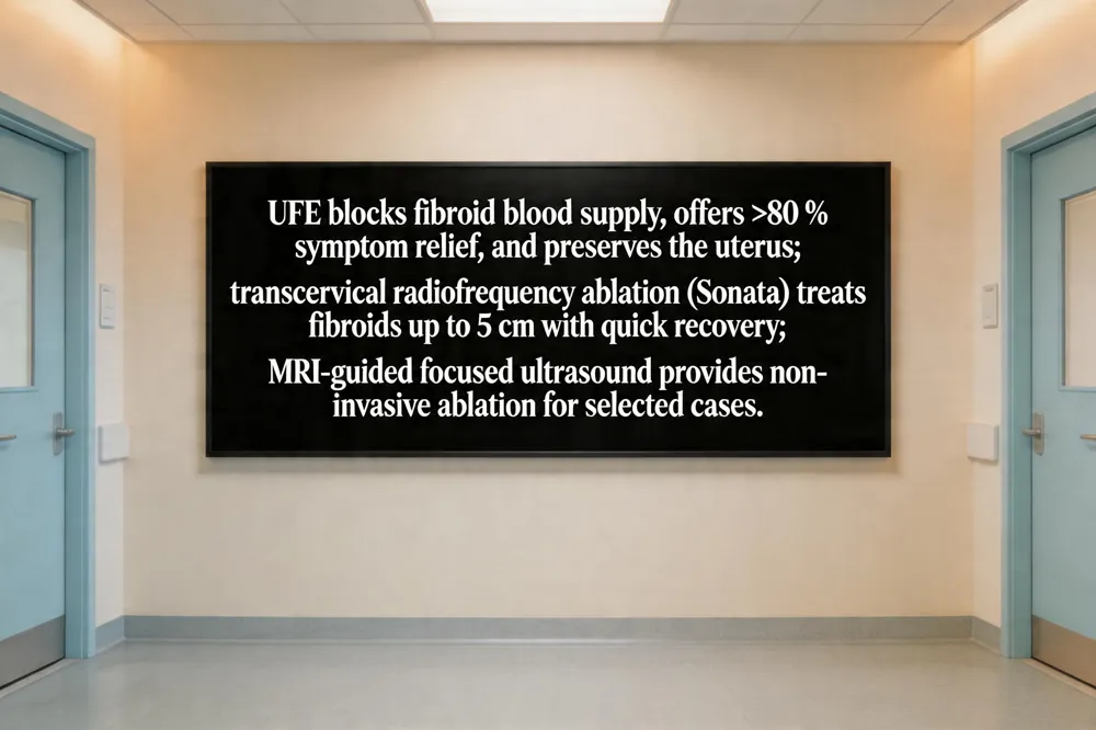 UFE blocks fibroid blood supply, offers >80 % symptom relief, and preserves the uterus; transcervical radiofrequency ablation (Sonata) treats fibroids up to 5 cm with quick recovery; MRI‑guided focused ultrasound provides non‑invasive ablation for selected cases.