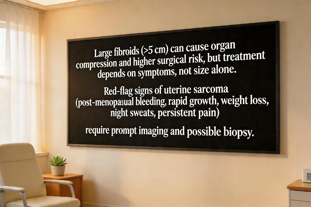 Large fibroids (>5 cm) can cause organ compression and higher surgical risk, but treatment depends on symptoms, not size alone. Red‑flag signs of uterine sarcoma (post‑menopausal bleeding, rapid growth, weight loss, night sweats, persistent pain) require prompt imaging and possible biopsy.