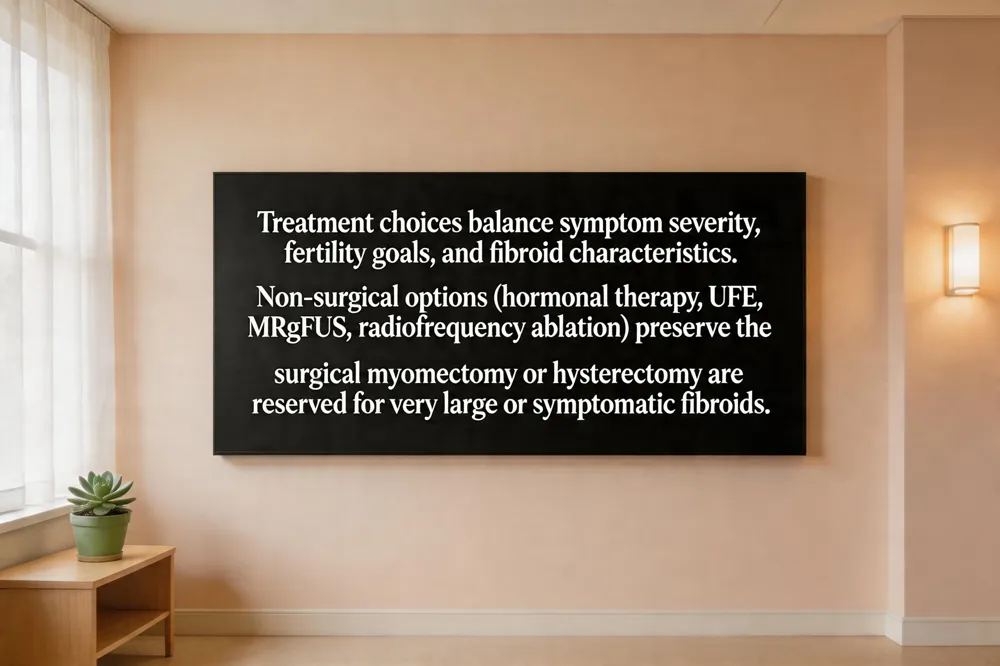Treatment choices balance symptom severity, fertility goals, and fibroid characteristics. Non‑surgical options (hormonal therapy, UFE, MRgFUS, radiofrequency ablation) preserve the uterus; surgical myomectomy or hysterectomy are reserved for very large or symptomatic fibroids.