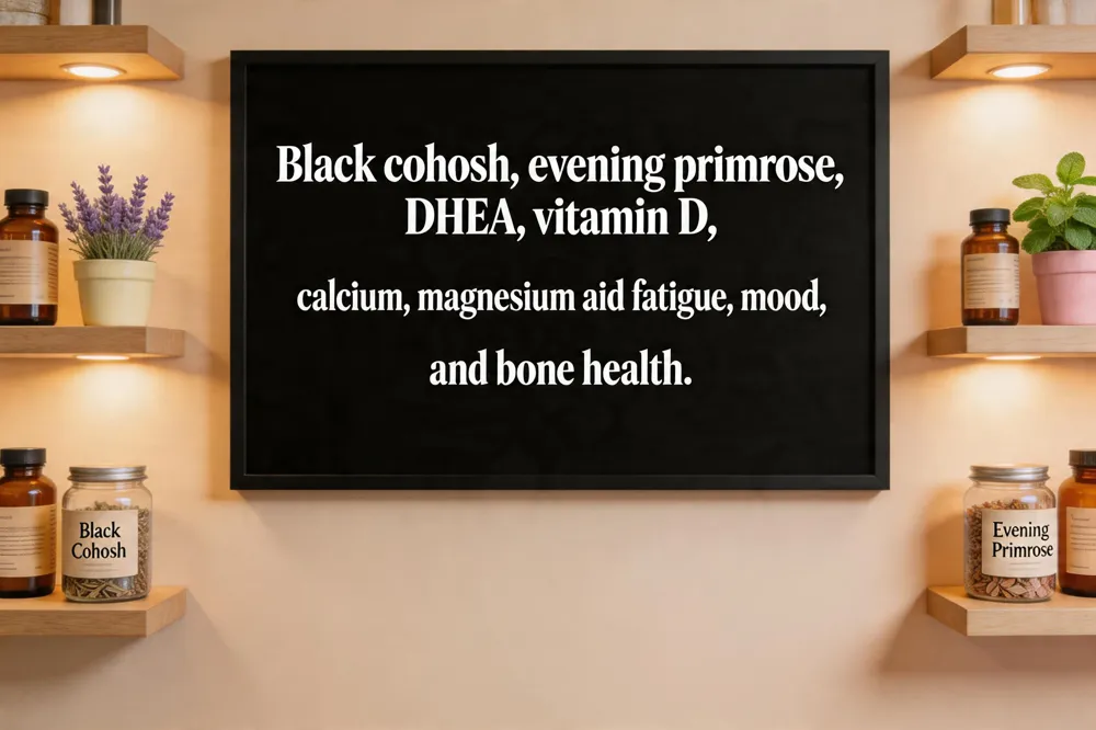 Black cohosh, evening primrose, DHEA, vitamin D, calcium, magnesium aid fatigue, mood, and bone health.