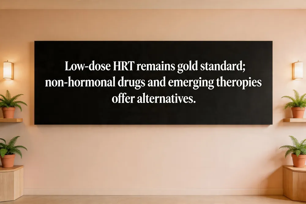 Low‑dose HRT remains gold standard; non‑hormonal drugs and emerging therapies offer alternatives.