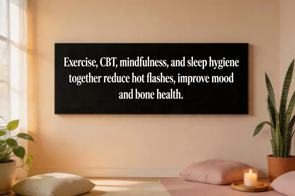 Exercise, CBT, mindfulness, and sleep hygiene together reduce hot flashes, improve mood and bone health.