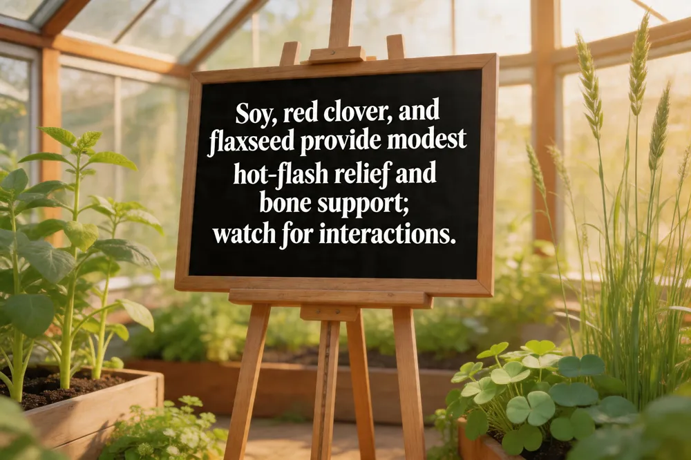Soy, red clover, and flaxseed provide modest hot‑flash relief and bone support; watch for interactions.