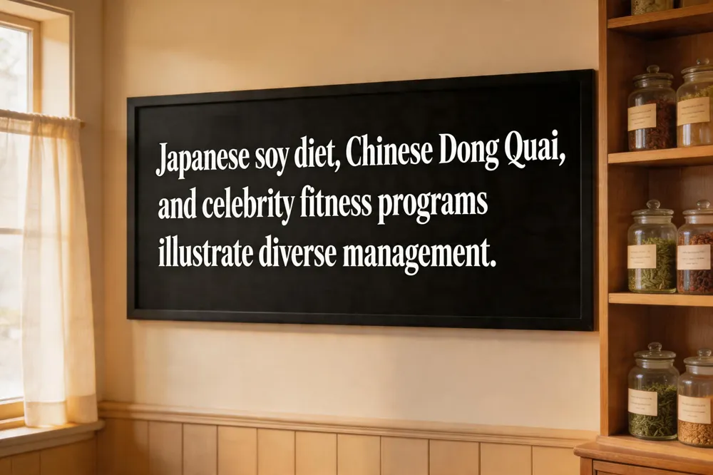 Japanese soy diet, Chinese Dong Quai, and celebrity fitness programs illustrate diverse management.
