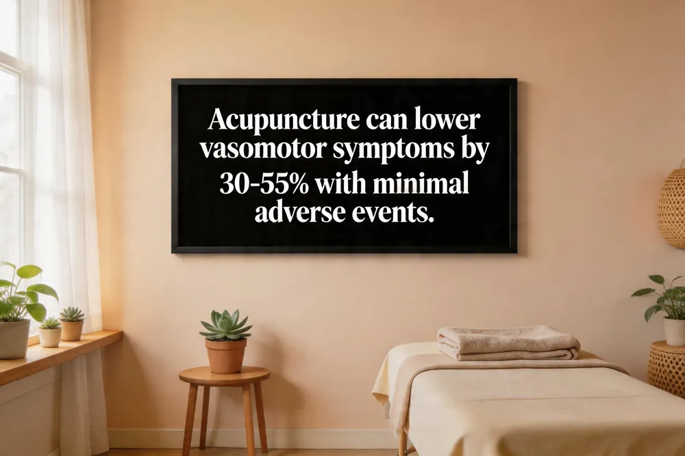 Acupuncture can lower vasomotor symptoms by 30‑55% with minimal adverse events.