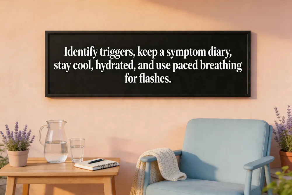 Identify triggers, keep a symptom diary, stay cool, hydrated, and use paced breathing for flashes.